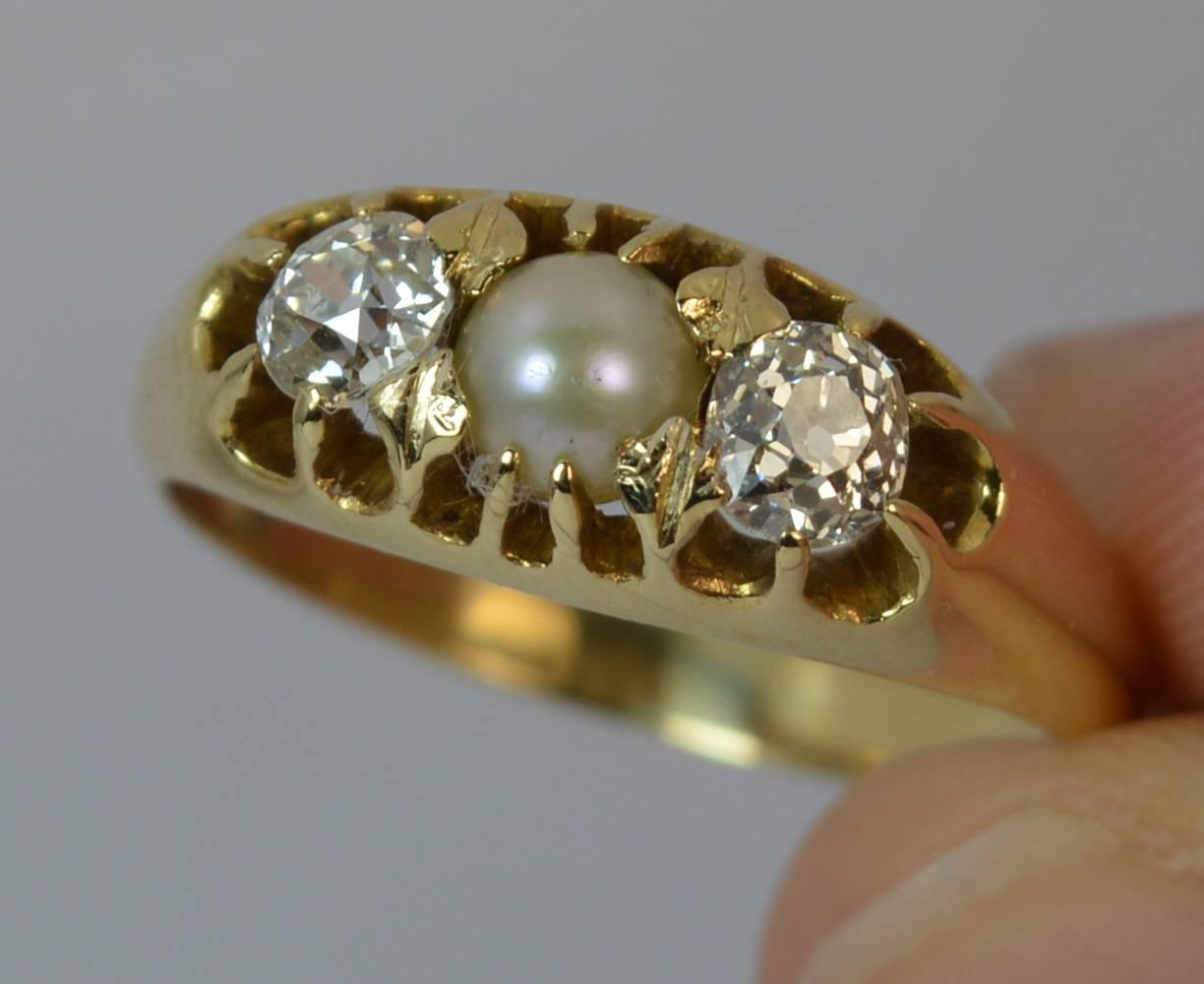 Victorian 0.60 Carat Old Cut Diamond Pearl 15 Carat Gold Trilogy Ring In Good Condition In St Helens, GB