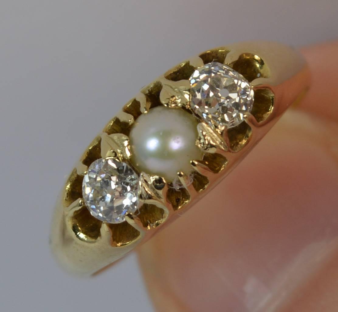 Victorian 0.60 Carat Old Cut Diamond Pearl 15 Carat Gold Trilogy Ring 1