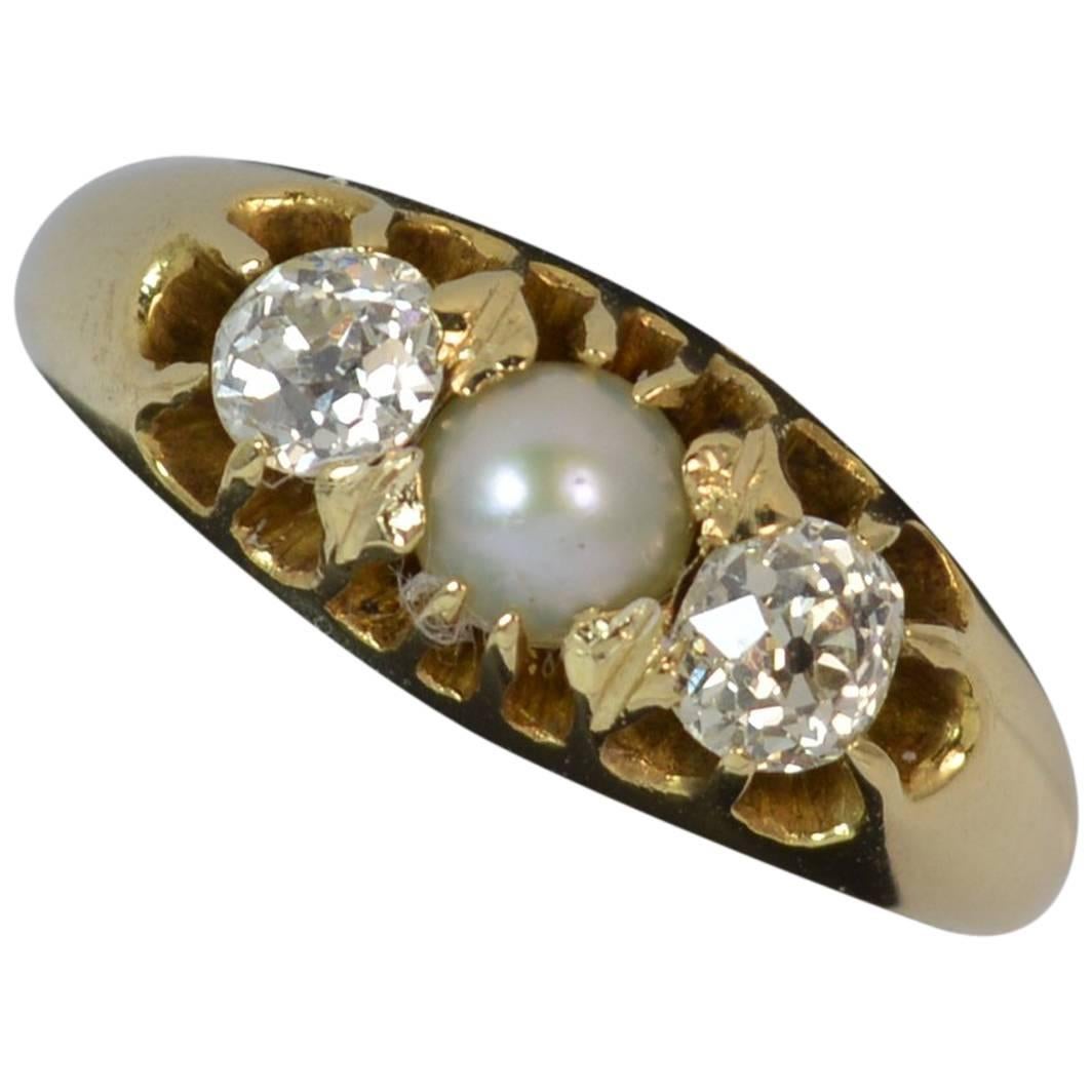 Victorian 0.60 Carat Old Cut Diamond Pearl 15 Carat Gold Trilogy Ring