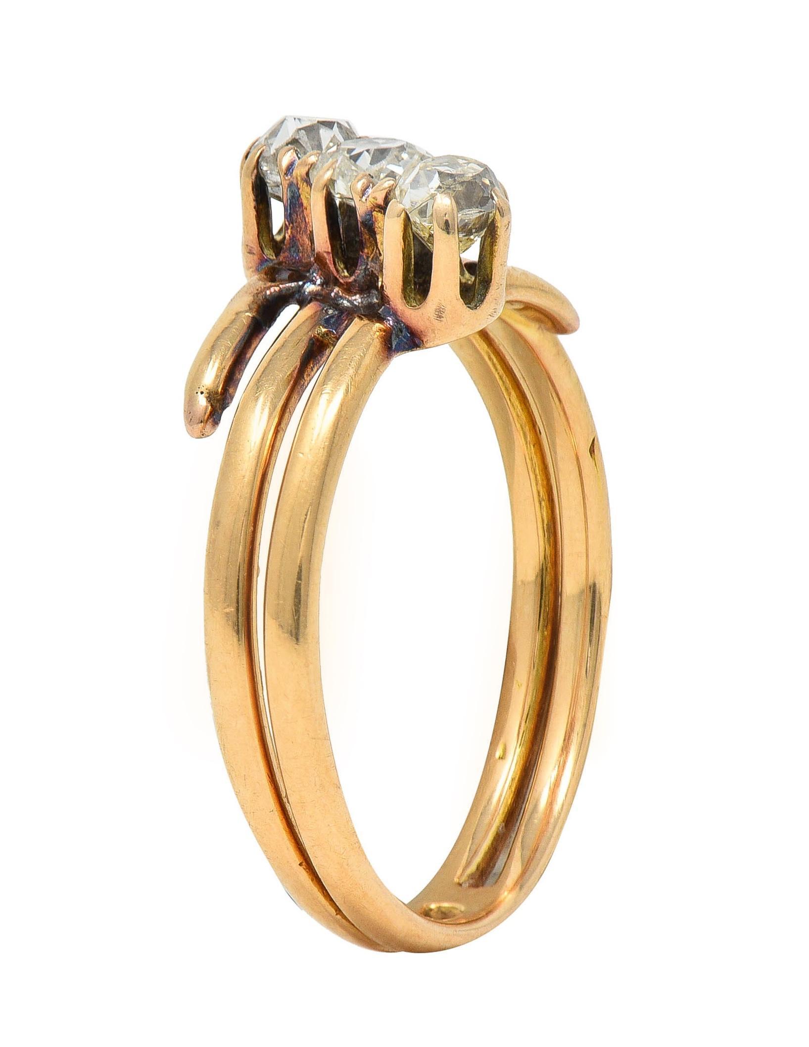 Anillo victoriano de oro de 14 quilates con tres piedras y 0,60 quilates de diamantes de minas antiguas en venta 4