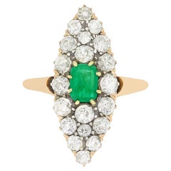Antique Victorian 0.60ct Emerald and Diamond Navette Ring, c.1880s
