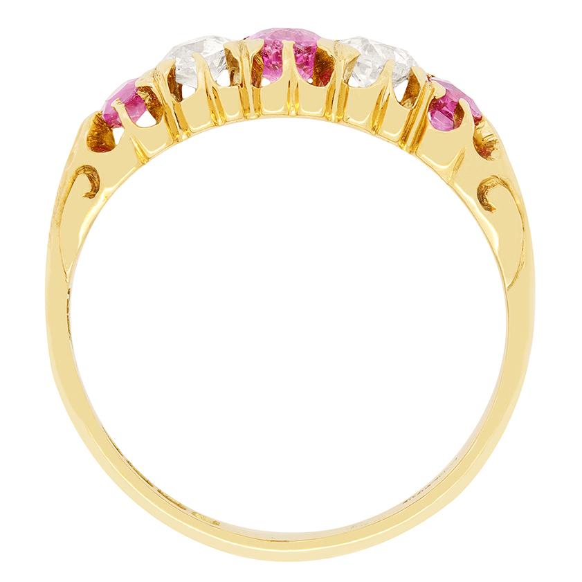 Vittoriano Anello vittoriano a cinque pietre con zaffiro rosa e diamante da 0,60 carati, con marchio 1897 in vendita