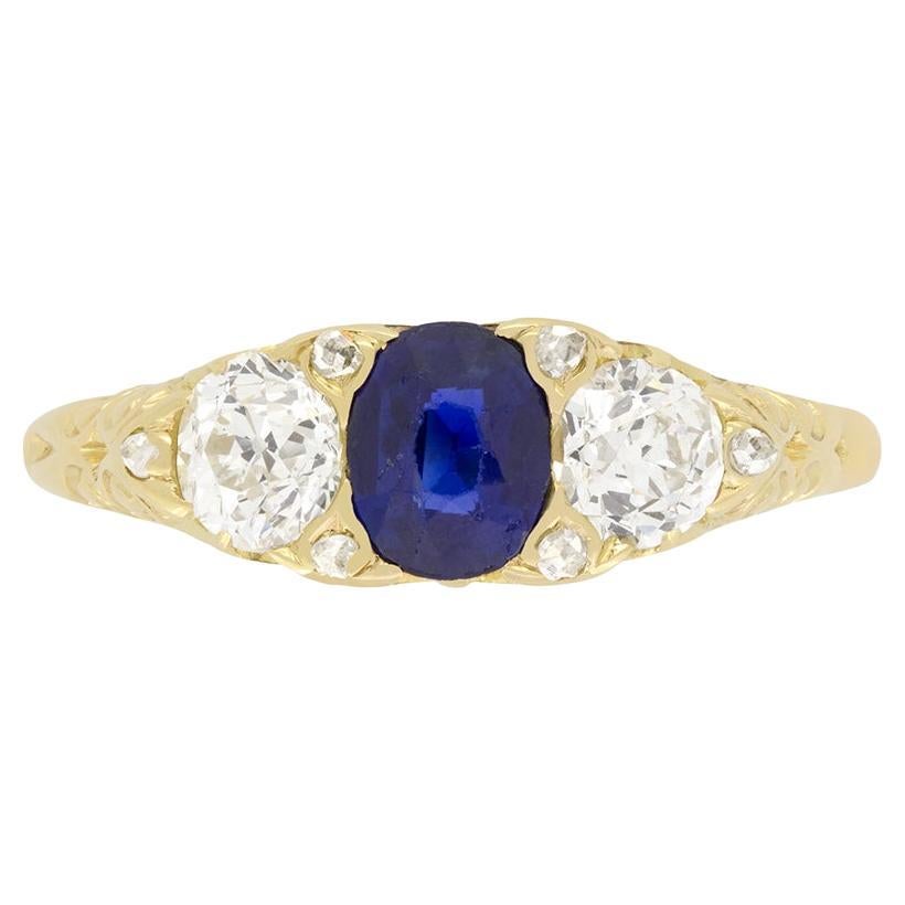 Victorian 0.60ct Sapphire and Diamond Three Stone Ring, c.1880s For Sale