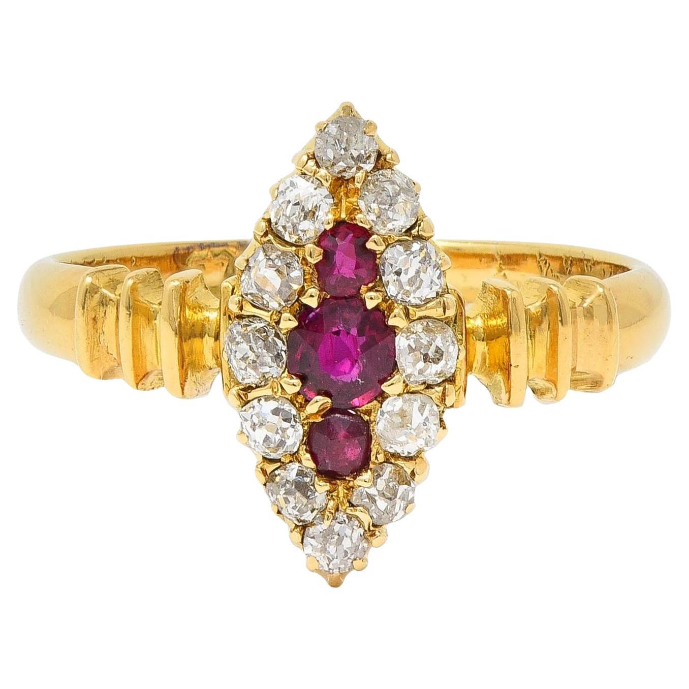 Victorian 0.62 CTW Ruby Diamond 18 Karat Yellow Gold Antique Navette Ring