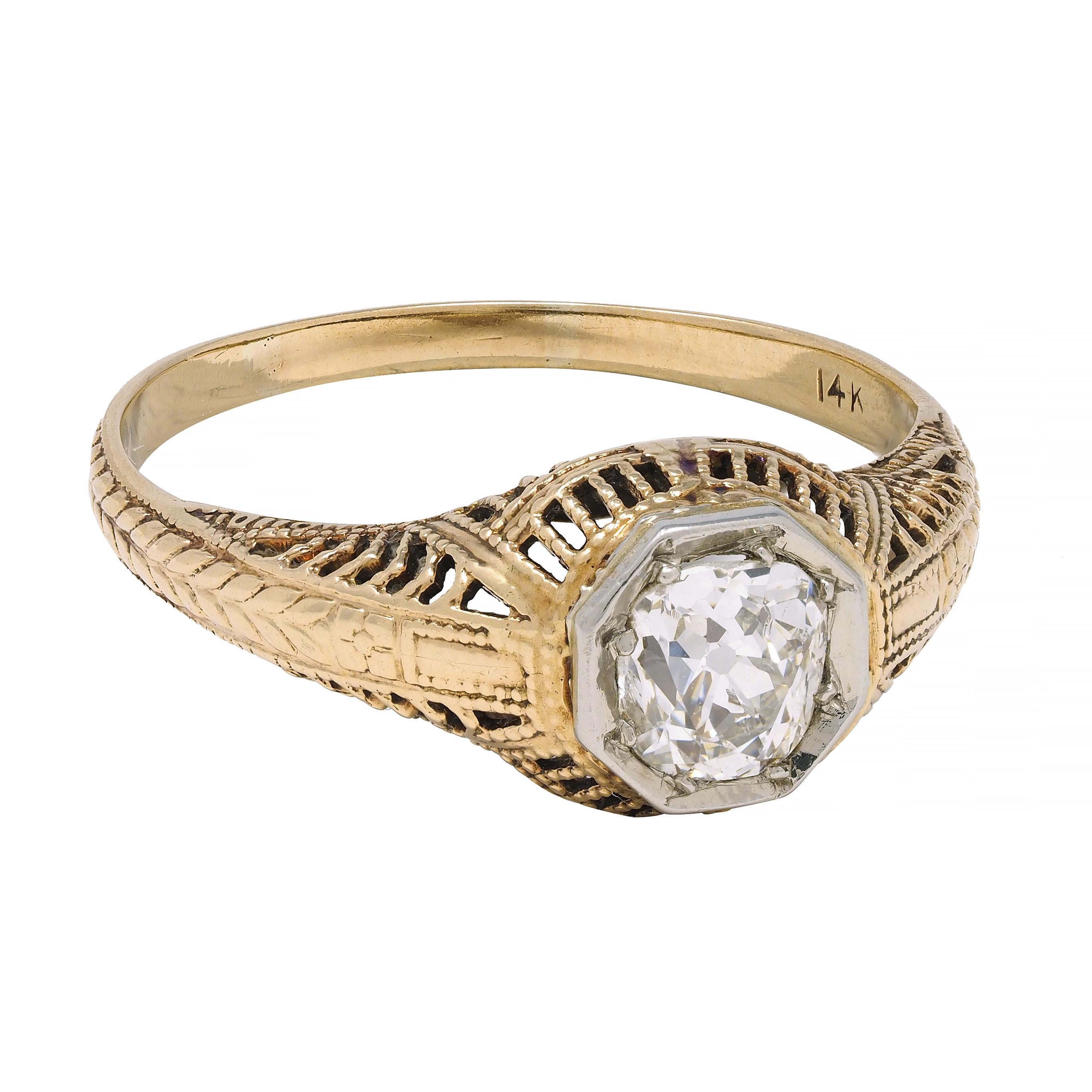 Old Mine Cut Victorian 0.64 CTW Diamond Platinum 14 Karat Gold Solitaire Engagement Ring For Sale