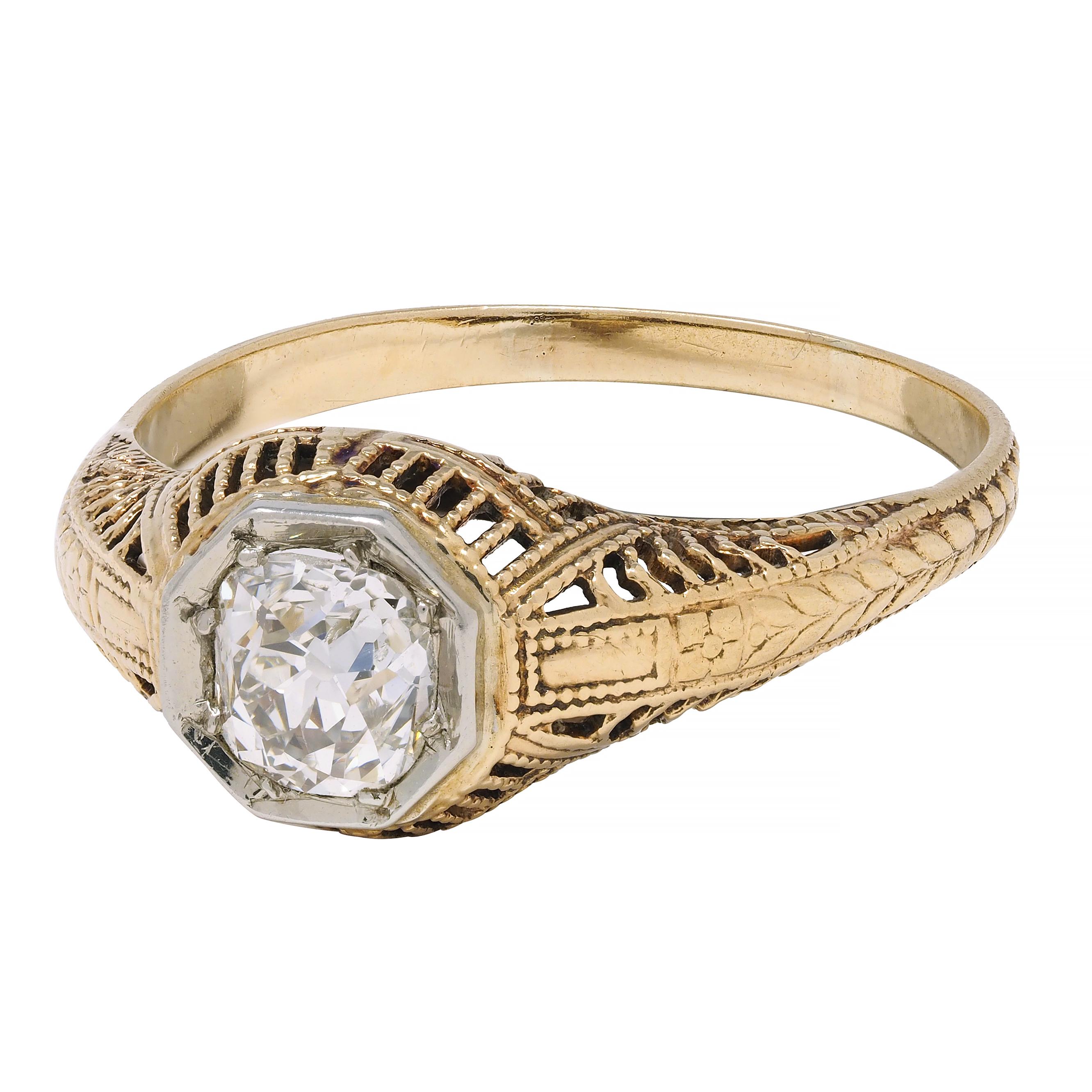Victorian 0.64 CTW Diamond Platinum 14 Karat Gold Solitaire Engagement Ring For Sale 2