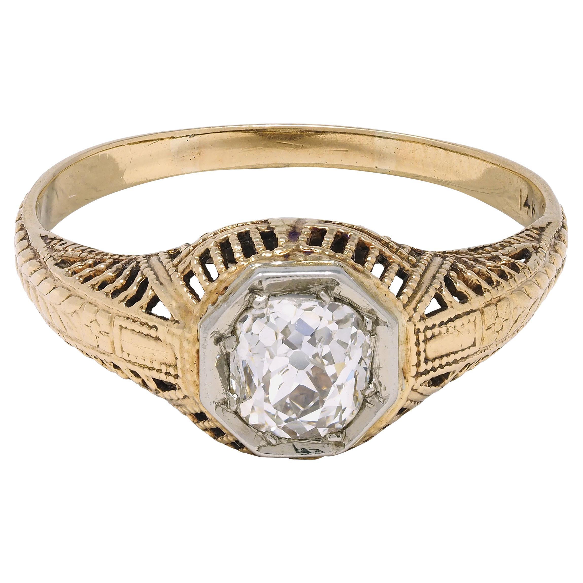 Victorian 0.64 CTW Diamond Platinum 14 Karat Gold Solitaire Engagement Ring