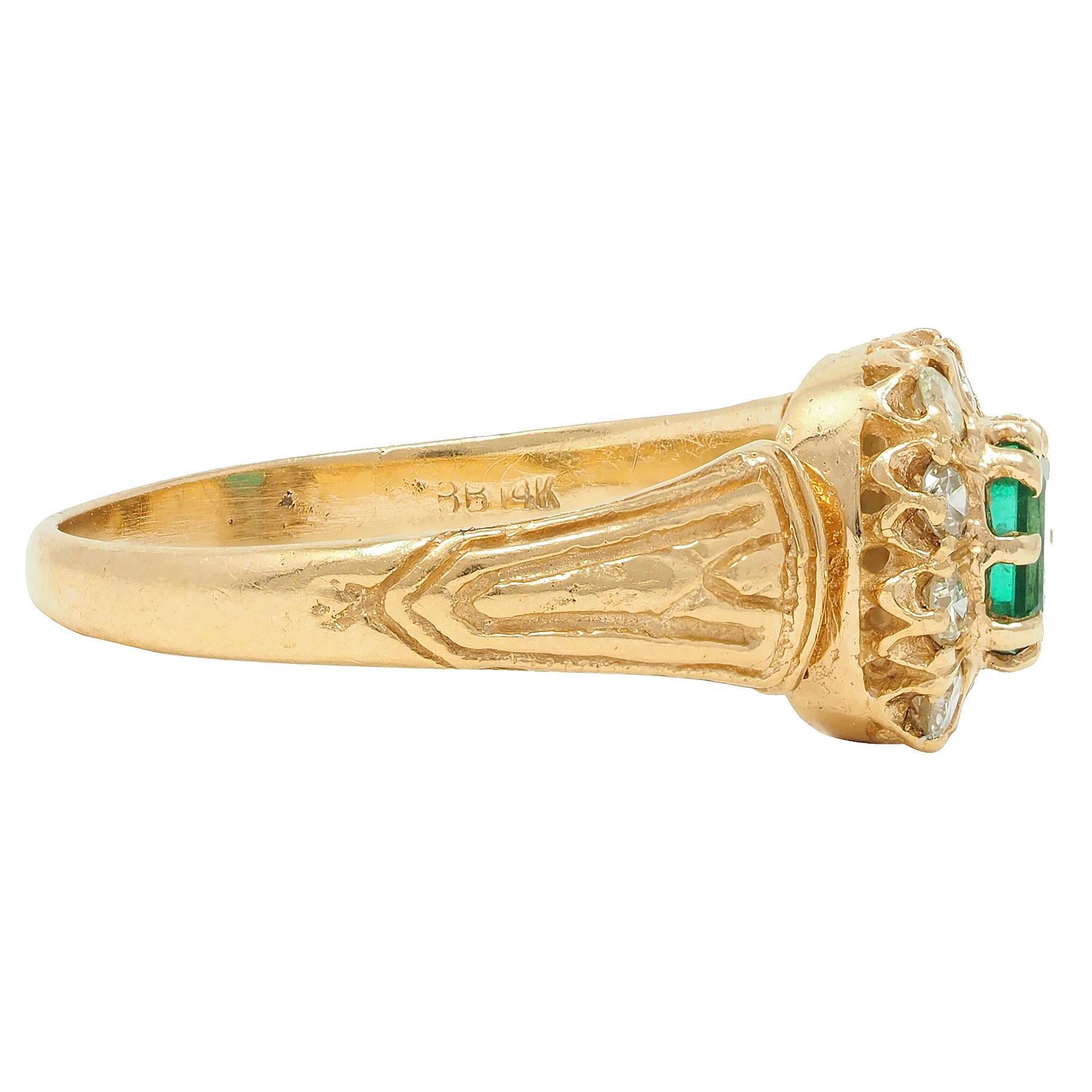 Victorian 0.65 CTW Emerald Diamond 14 Karat Yellow Gold Antique Halo Ring For Sale 5