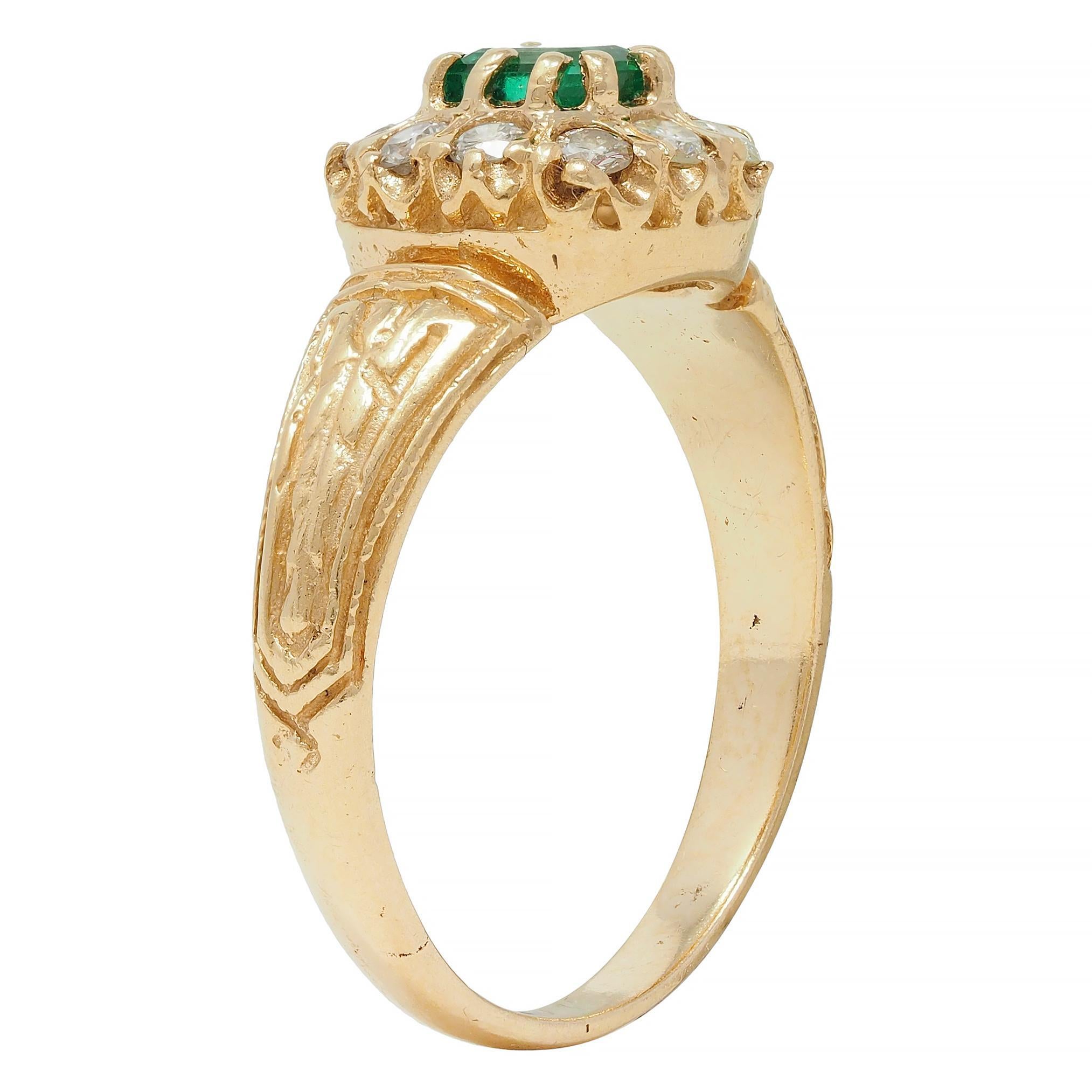 Victorian 0.65 CTW Emerald Diamond 14 Karat Yellow Gold Antique Halo Ring For Sale 6