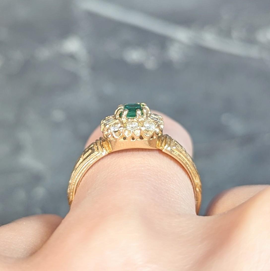 Victorian 0.65 CTW Emerald Diamond 14 Karat Yellow Gold Antique Halo Ring For Sale 8
