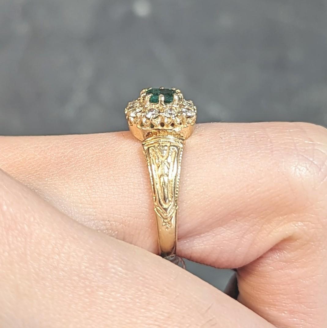 Victorian 0.65 CTW Emerald Diamond 14 Karat Yellow Gold Antique Halo Ring For Sale 9
