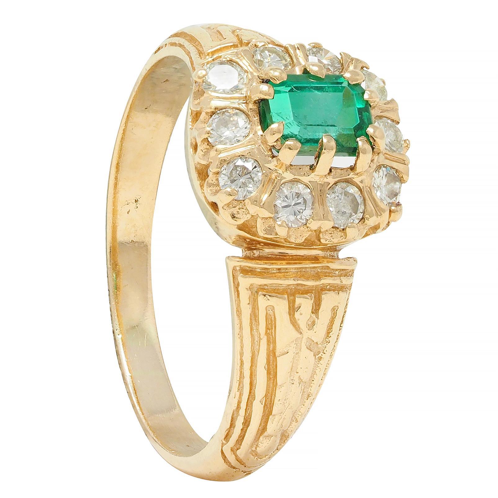 Emerald Cut Victorian 0.65 CTW Emerald Diamond 14 Karat Yellow Gold Antique Halo Ring For Sale