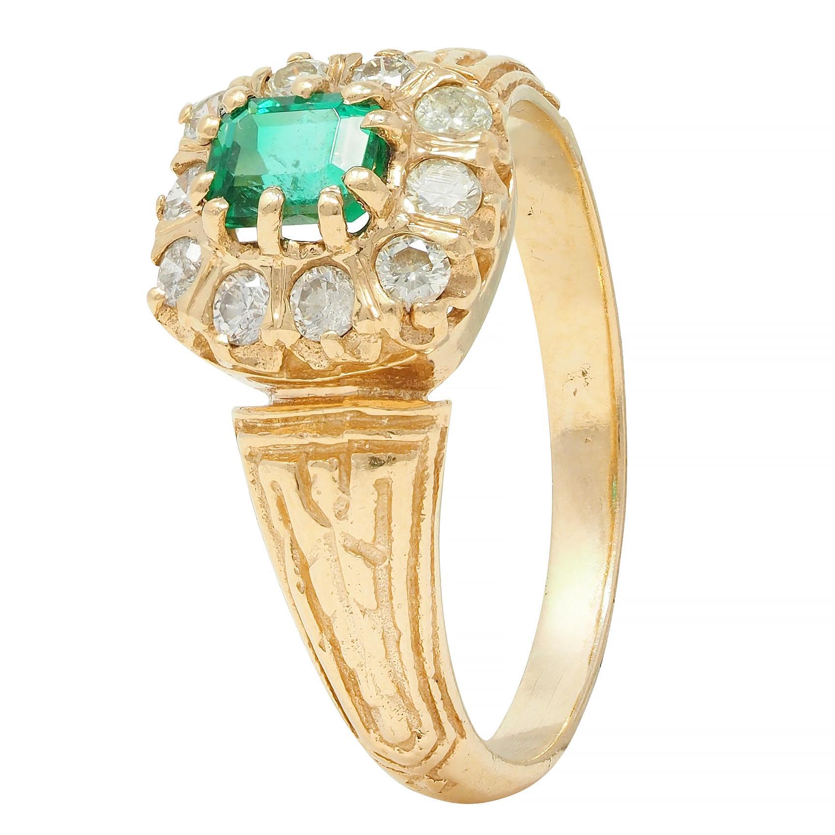 Women's or Men's Victorian 0.65 CTW Emerald Diamond 14 Karat Yellow Gold Antique Halo Ring For Sale