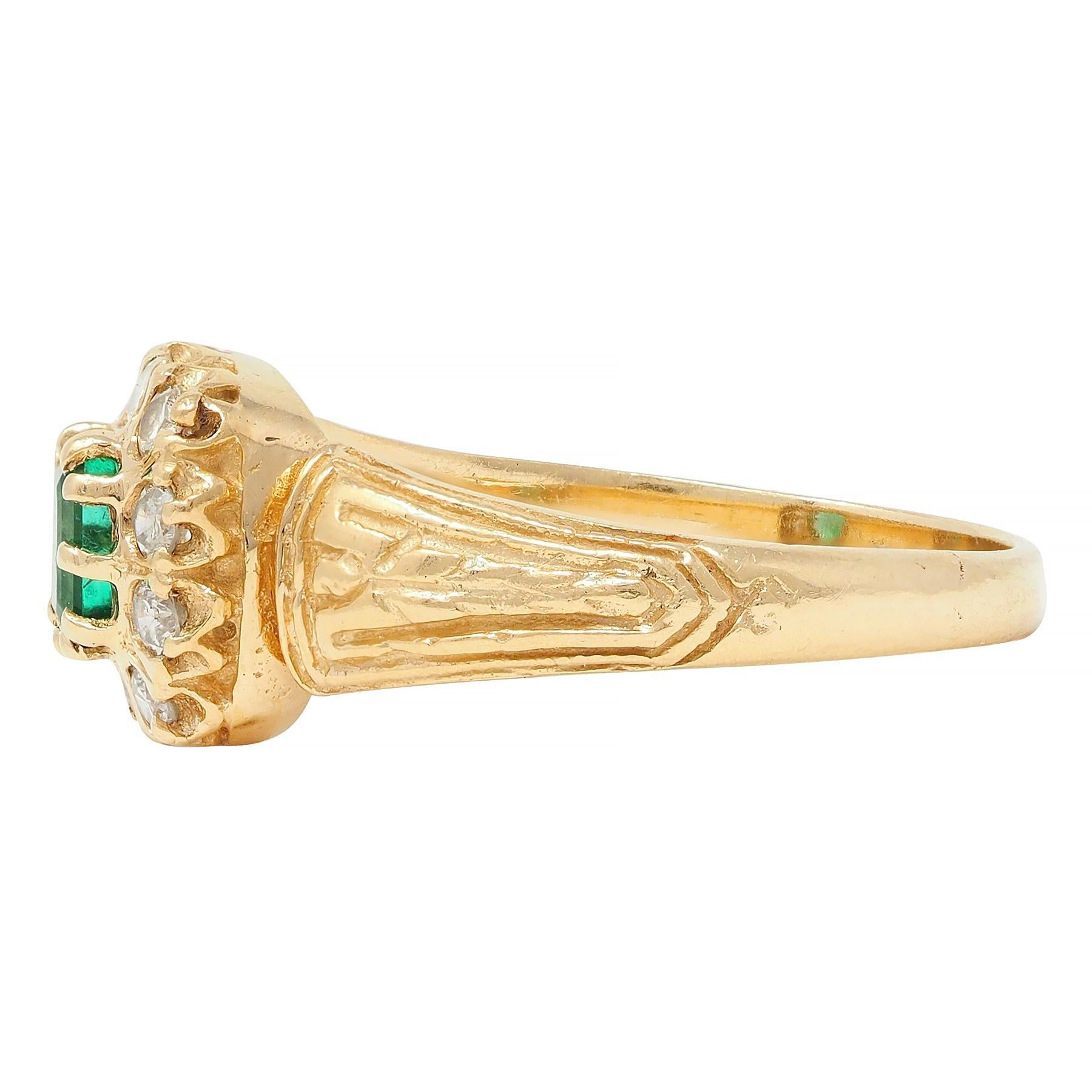 Victorian 0.65 CTW Emerald Diamond 14 Karat Yellow Gold Antique Halo Ring For Sale 3