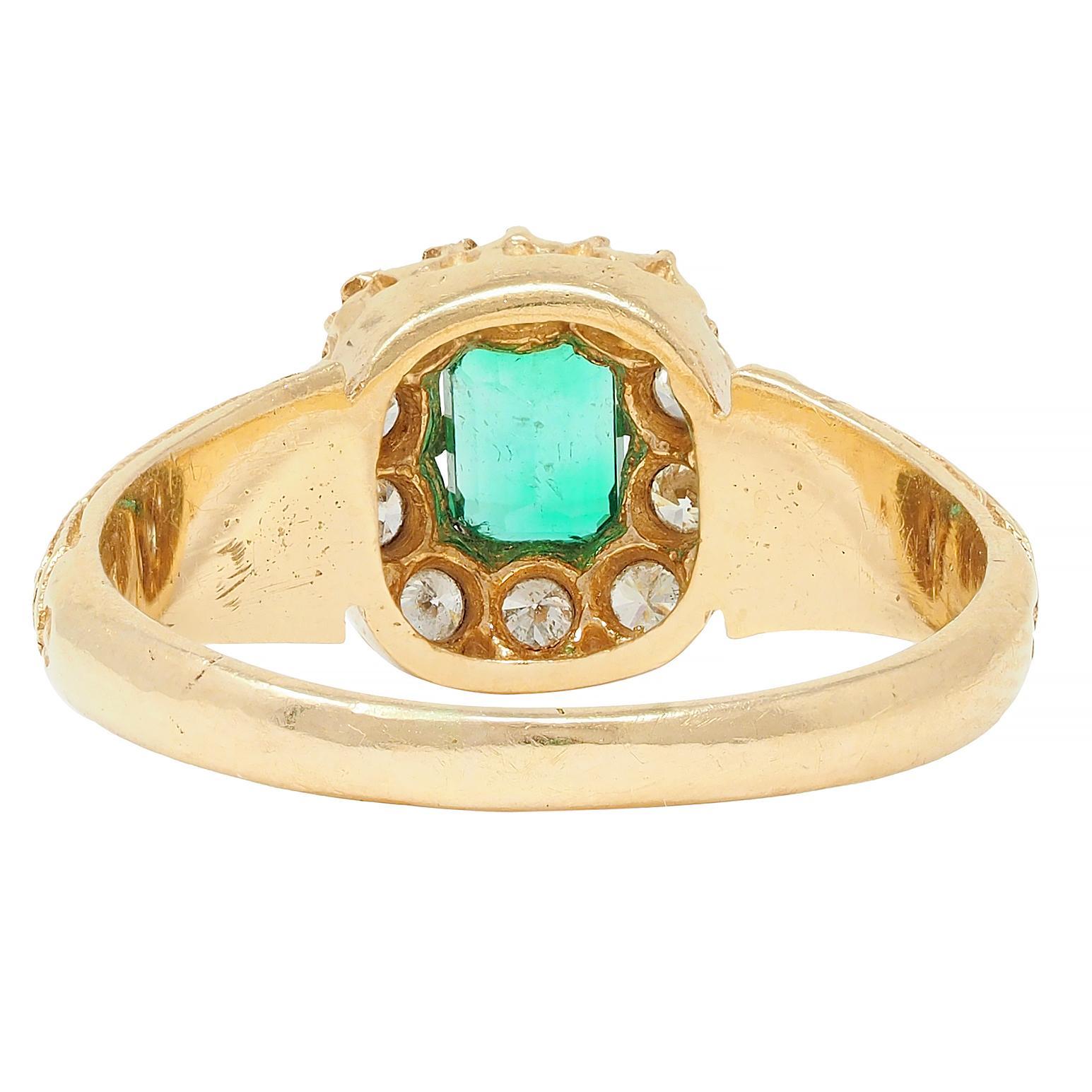 Victorian 0.65 CTW Emerald Diamond 14 Karat Yellow Gold Antique Halo Ring For Sale 4