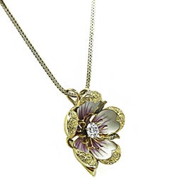 Victorian 0.65ct Diamond Enamel Gold Flower Pendant Necklace