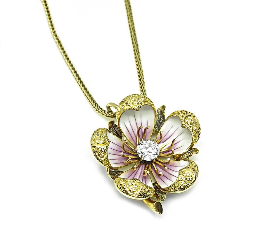 Old European Cut Victorian 0.65ct Diamond Enamel Gold Flower Pendant Necklace For Sale