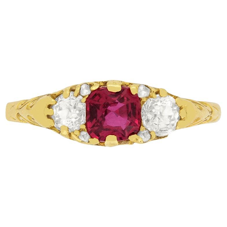 Victorian 0.65ct Red Spinel and Diamond Three Stone Ring, c.1880s For Sale