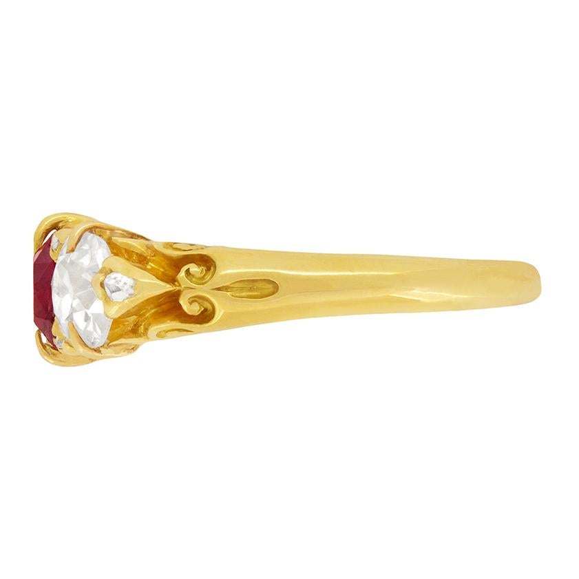 Oval Cut Victorian 0.65 Carat Ruby and Diamond Three Stone Ring, circa 1880s For Sale