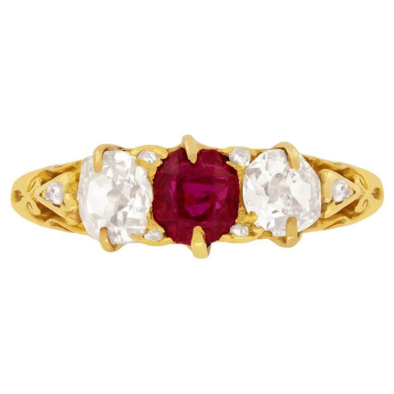 Victorian 0.65 Carat Ruby and Diamond Three Stone Ring, circa 1880s For Sale