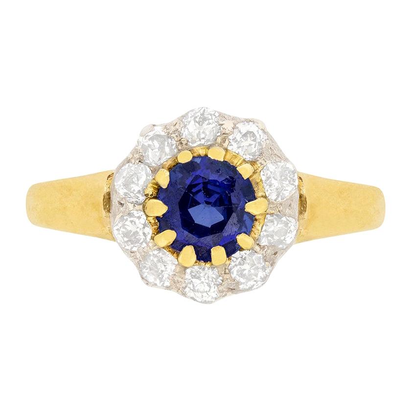 Anillo victoriano en racimo de zafiro y diamantes de 0,65 ct, c.1880