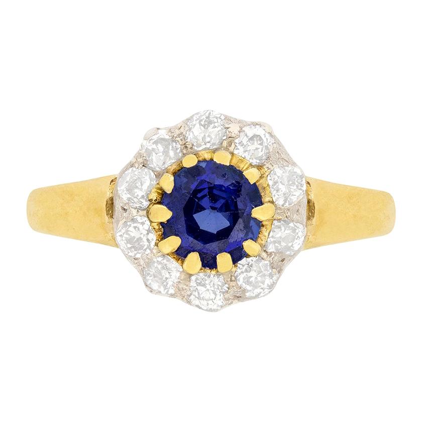 Victorian 0.65ct Sapphire and Diamond Daisy Cluster Ring, c.1880s For Sale