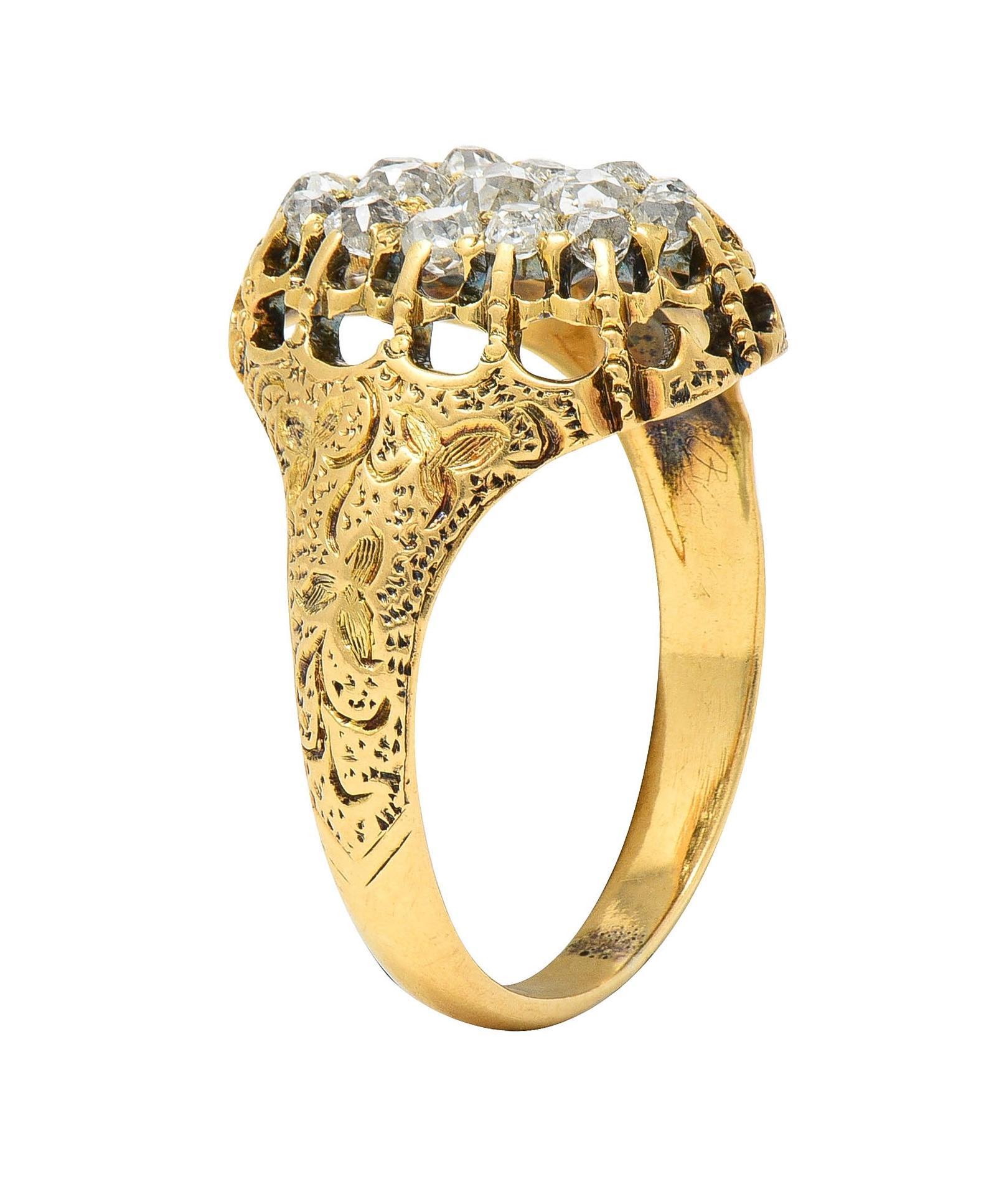 Victorian 0.66 CTW Old Mine Diamond 18 Karat Gold Foliate Antique Cluster Ring For Sale 5