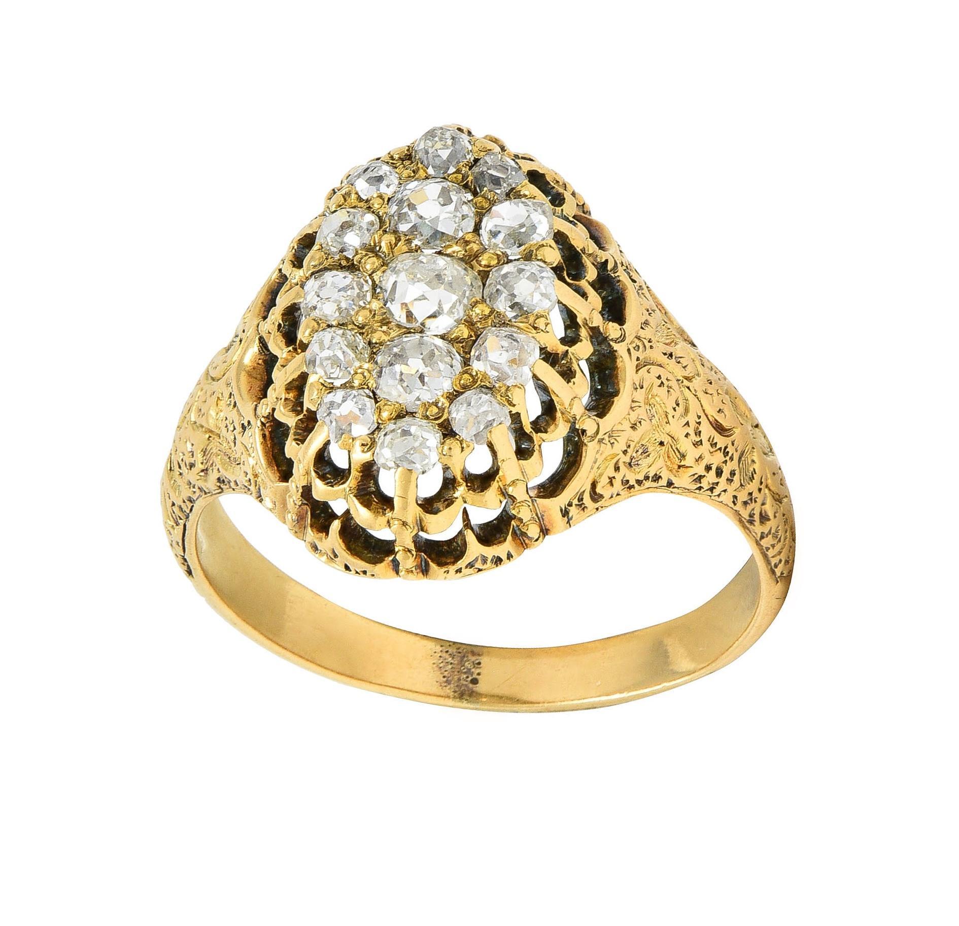 Victorian 0.66 CTW Old Mine Diamond 18 Karat Gold Foliate Antique Cluster Ring For Sale 6