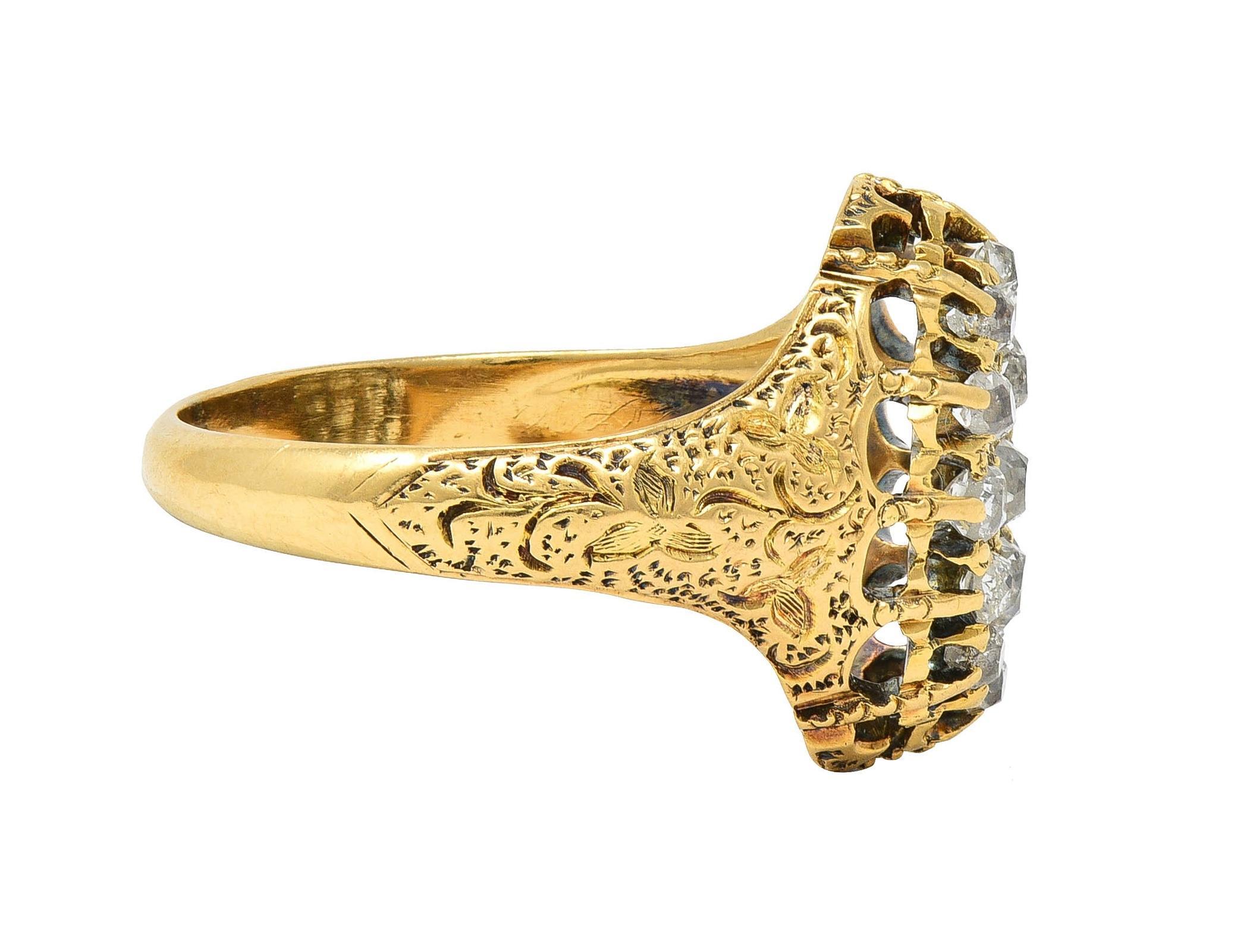 Victorian 0.66 CTW Old Mine Diamond 18 Karat Gold Foliate Antique Cluster Ring In Excellent Condition For Sale In Philadelphia, PA