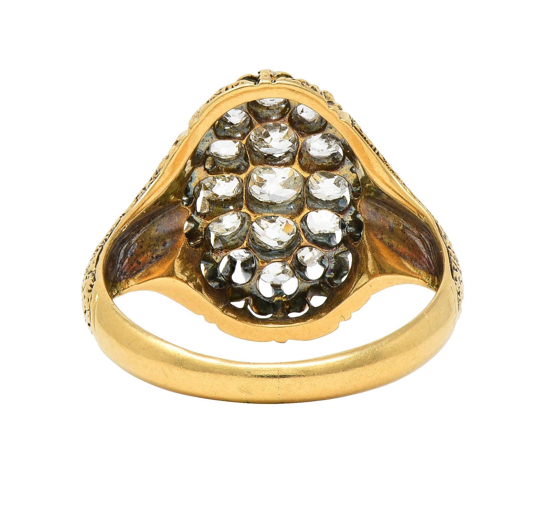 Women's or Men's Victorian 0.66 CTW Old Mine Diamond 18 Karat Gold Foliate Antique Cluster Ring For Sale