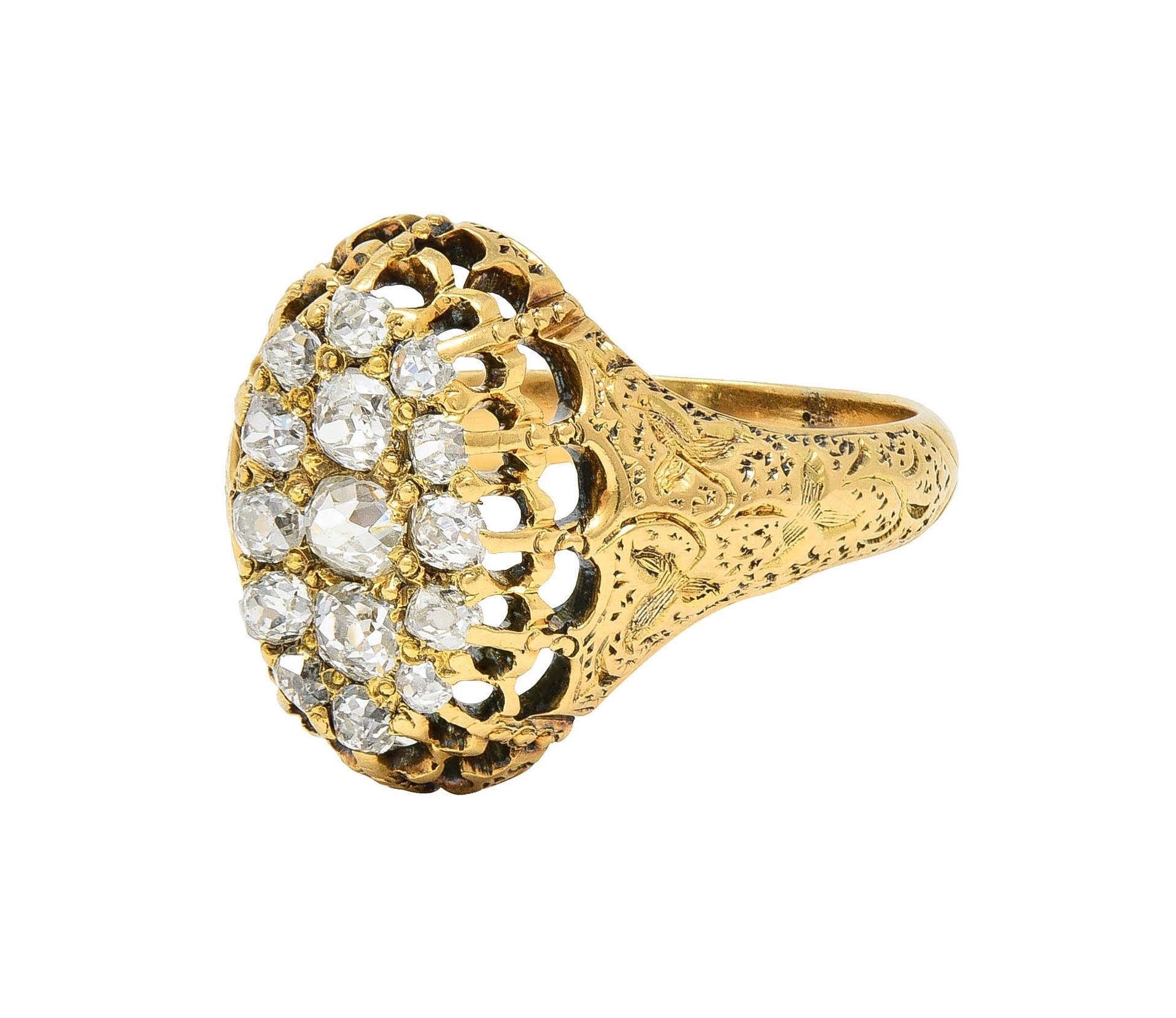 Victorian 0.66 CTW Old Mine Diamond 18 Karat Gold Foliate Antique Cluster Ring For Sale 2