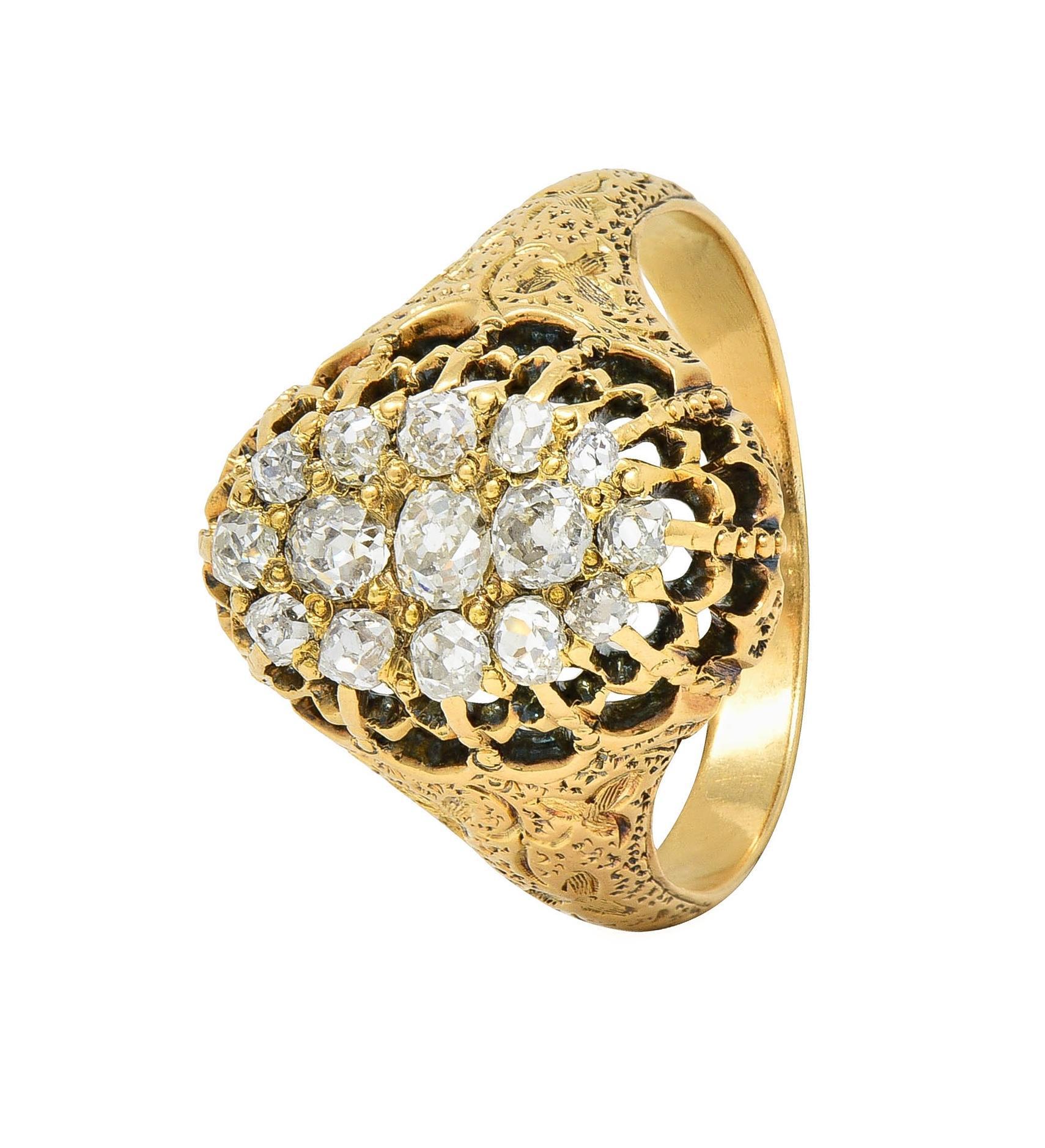 Victorian 0.66 CTW Old Mine Diamond 18 Karat Gold Foliate Antique Cluster Ring For Sale 3