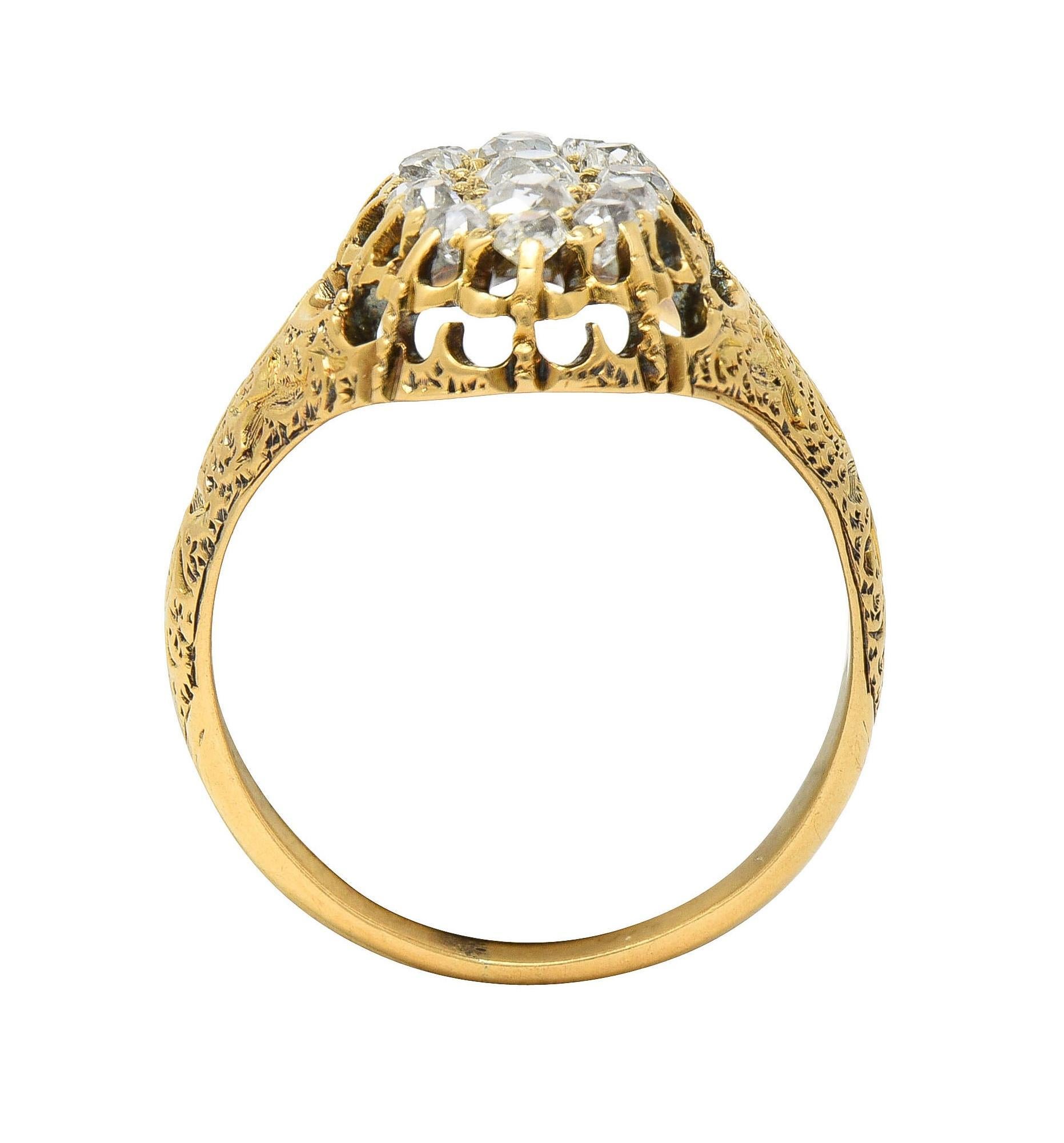 Victorian 0.66 CTW Old Mine Diamond 18 Karat Gold Foliate Antique Cluster Ring For Sale 4