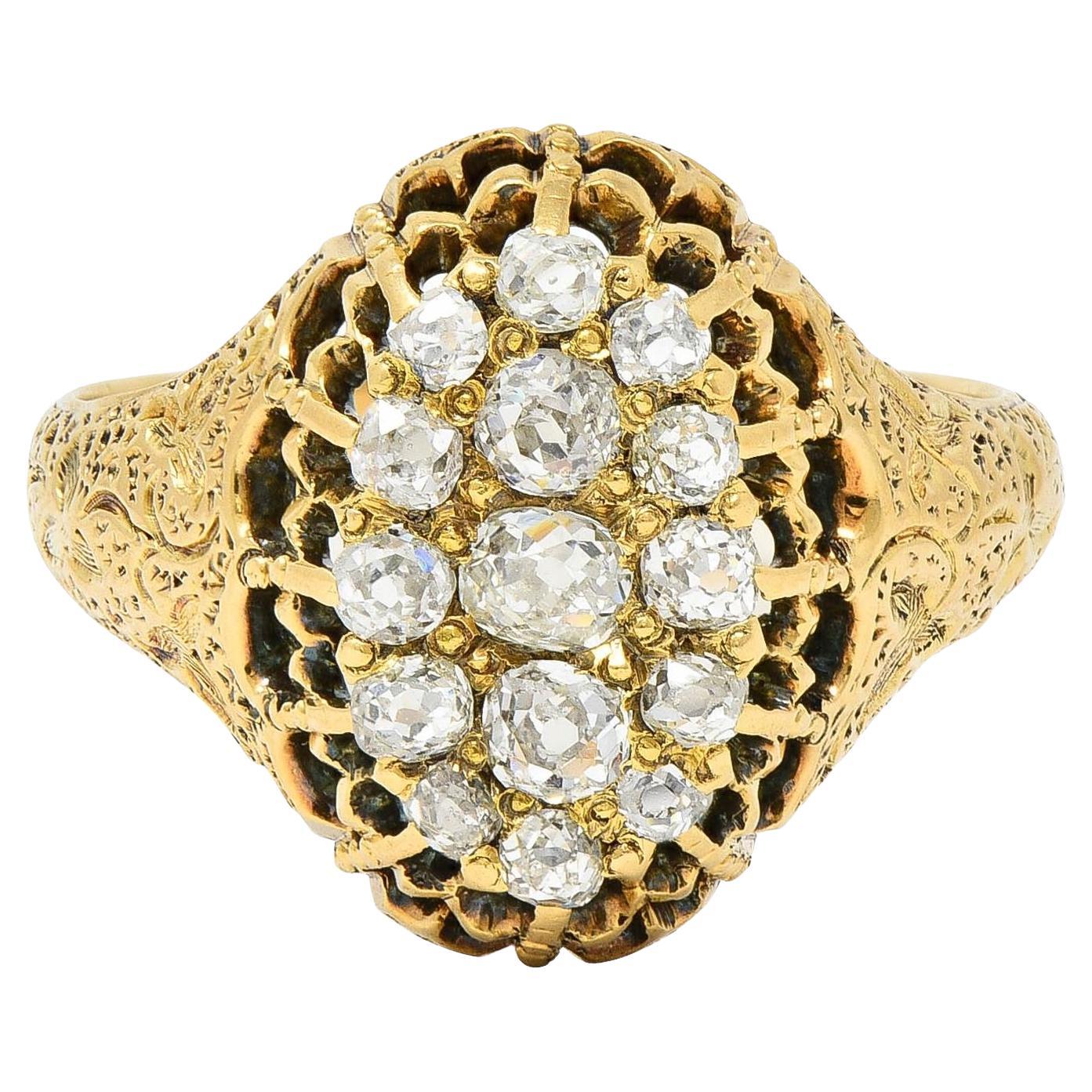 Victorian 0.66 CTW Old Mine Diamond 18 Karat Gold Foliate Antique Cluster Ring For Sale