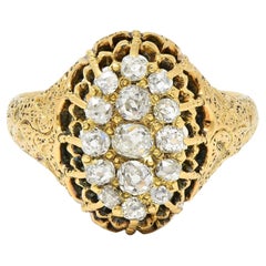 Antiker viktorianischer 0,66 Karat Old Mine Diamant-Cluster-Ring aus 18 Karat Gold mit Blattwerk