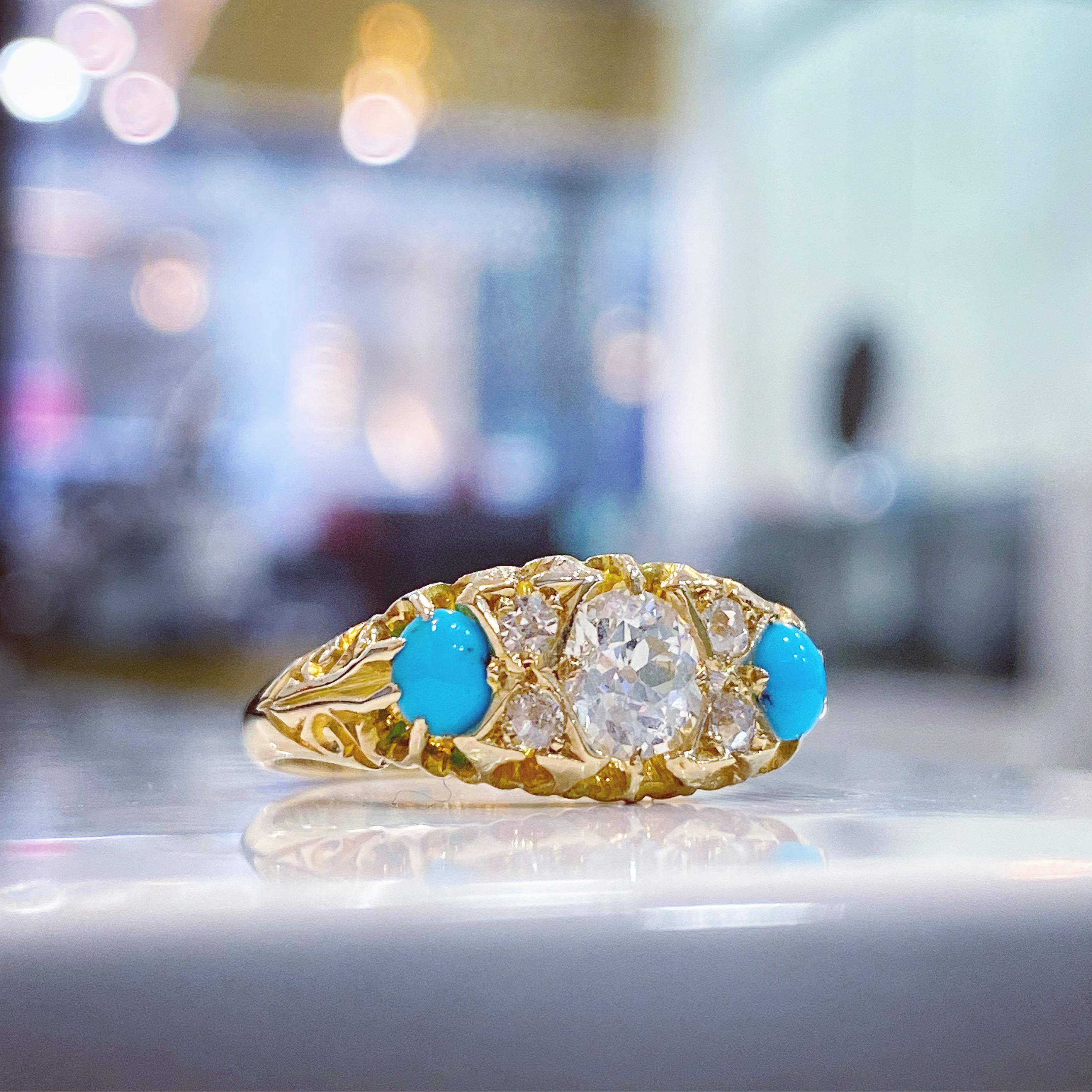 Victorian 0.68 Carat Diamond and Turquoise Ring, circa 1908 For Sale 2