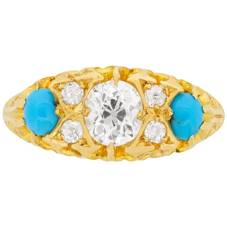 Victorian 0.68 Carat Diamond and Turquoise Ring, circa 1908 For Sale
