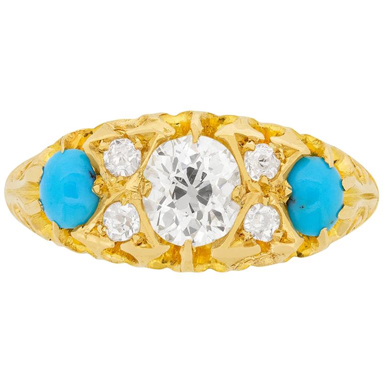 Anillo victoriano de diamantes y turquesa de 0,68 quilates, circa 1908