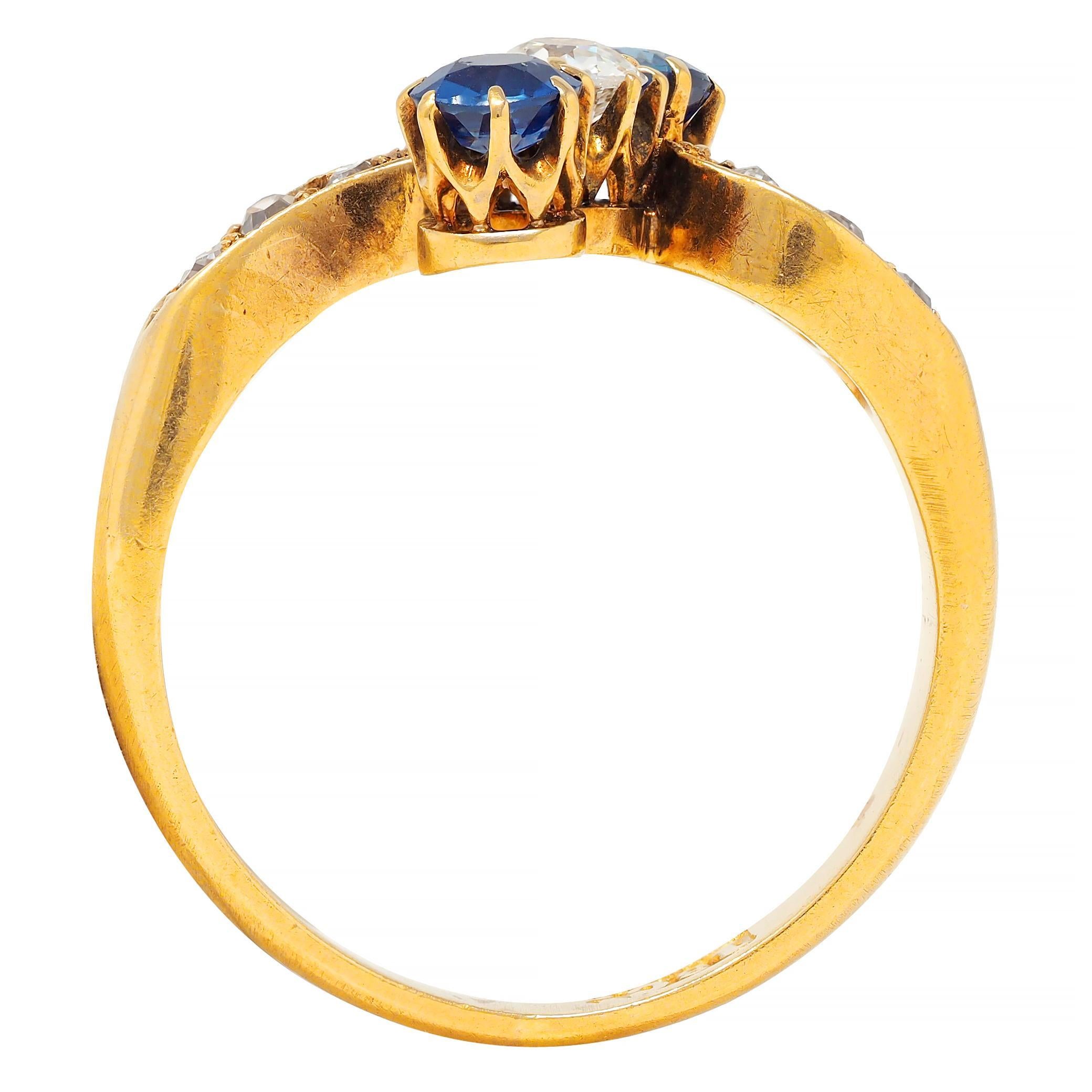 Victorian 0.68 CTW Sapphire Diamond 18 Karat Yellow Gold Antique Bypass Ring 5