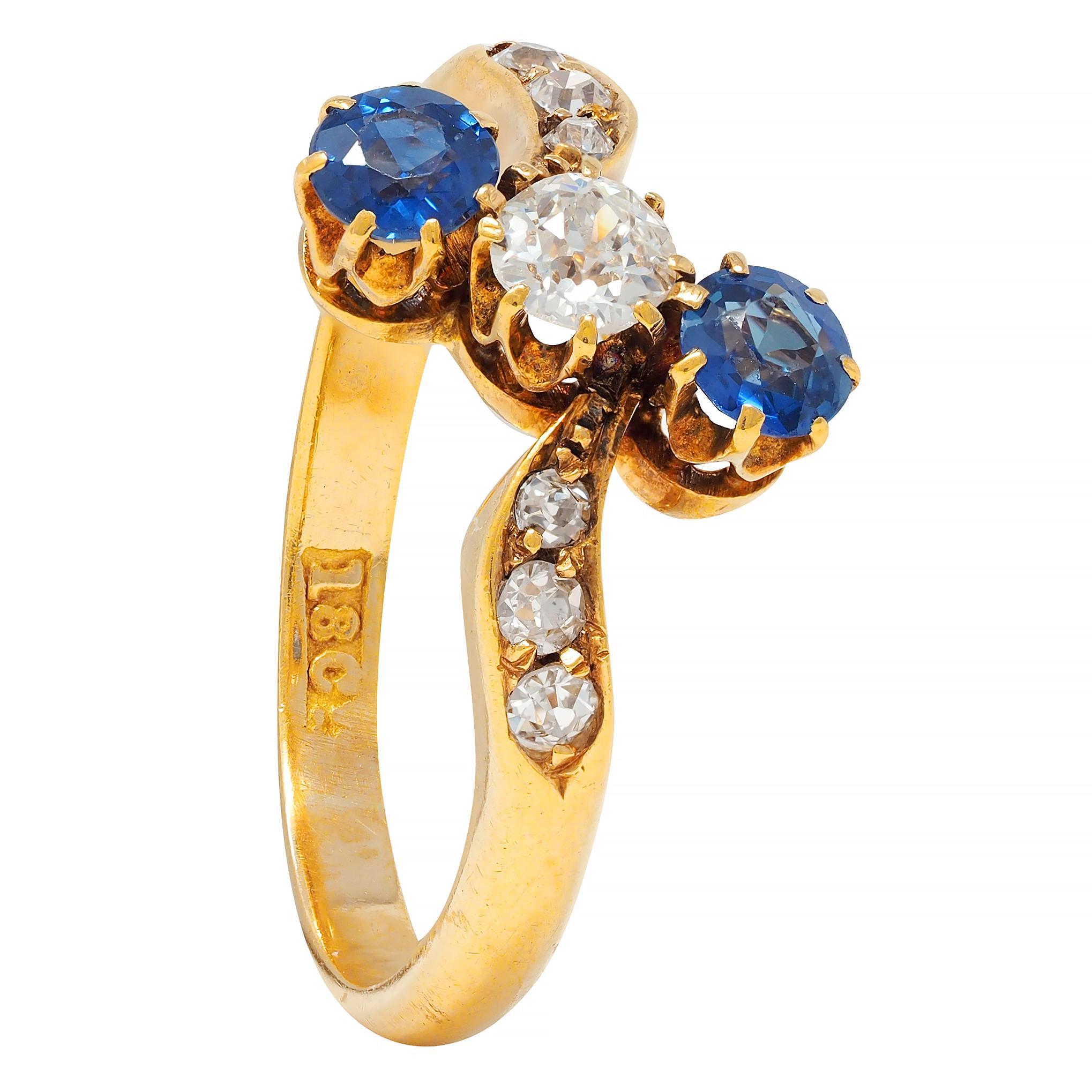 Victorian 0.68 CTW Sapphire Diamond 18 Karat Yellow Gold Antique Bypass Ring 6