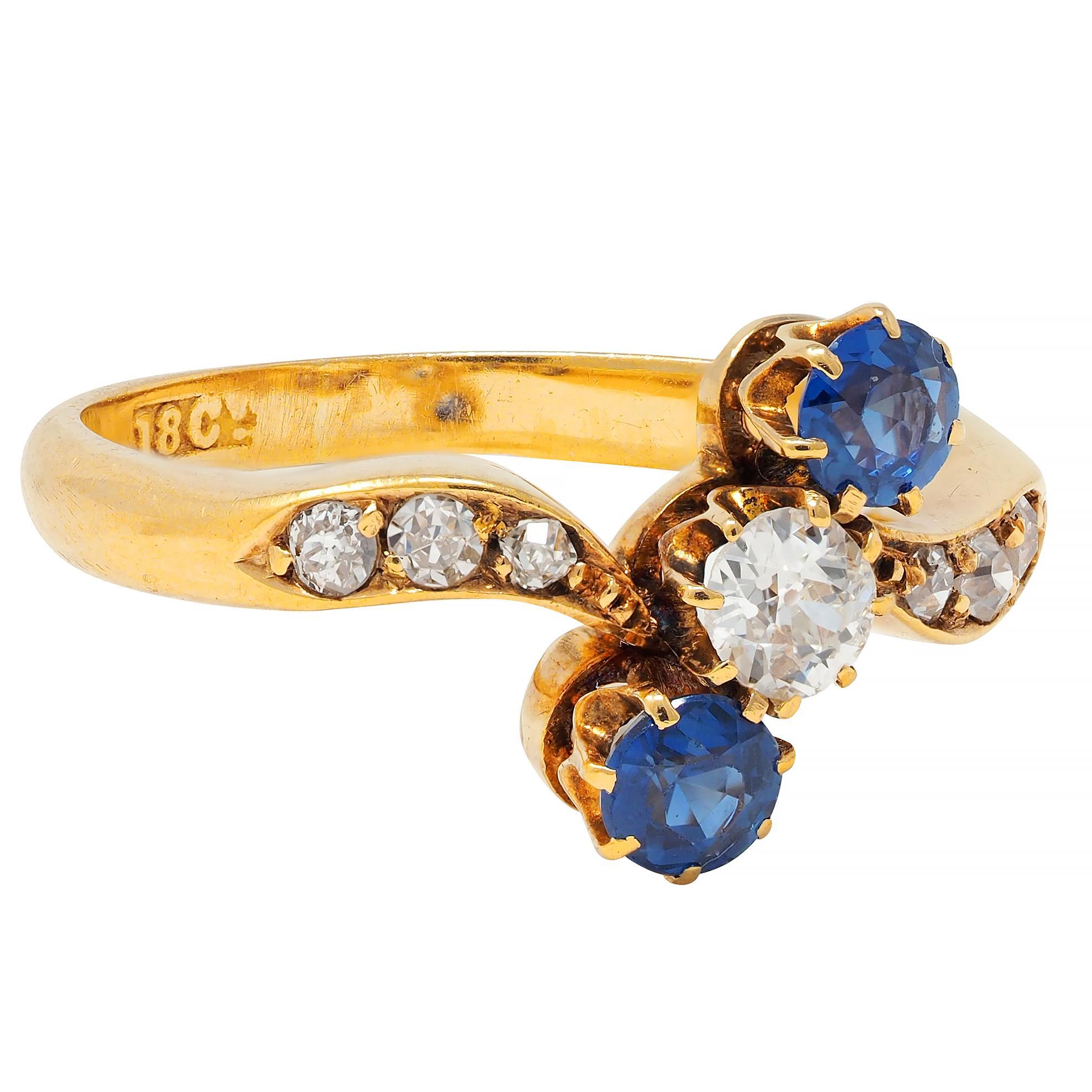 Round Cut Victorian 0.68 CTW Sapphire Diamond 18 Karat Yellow Gold Antique Bypass Ring