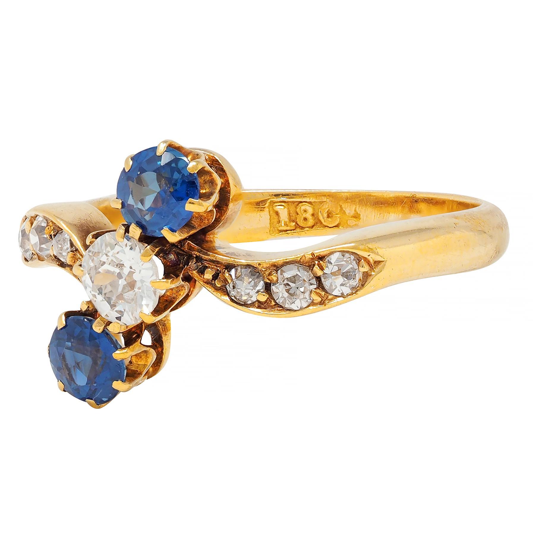 Victorian 0.68 CTW Sapphire Diamond 18 Karat Yellow Gold Antique Bypass Ring 2