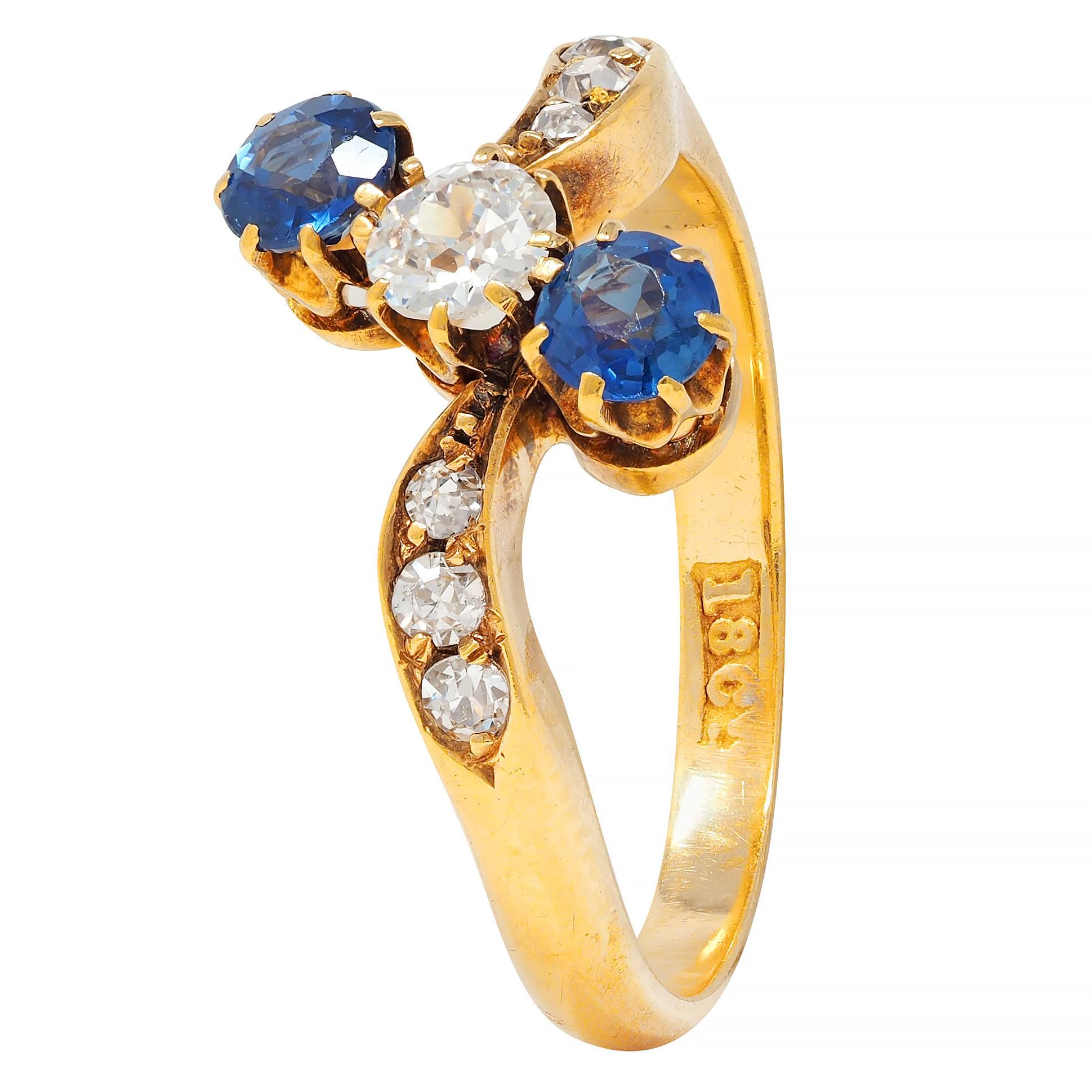 Victorian 0.68 CTW Sapphire Diamond 18 Karat Yellow Gold Antique Bypass Ring 3