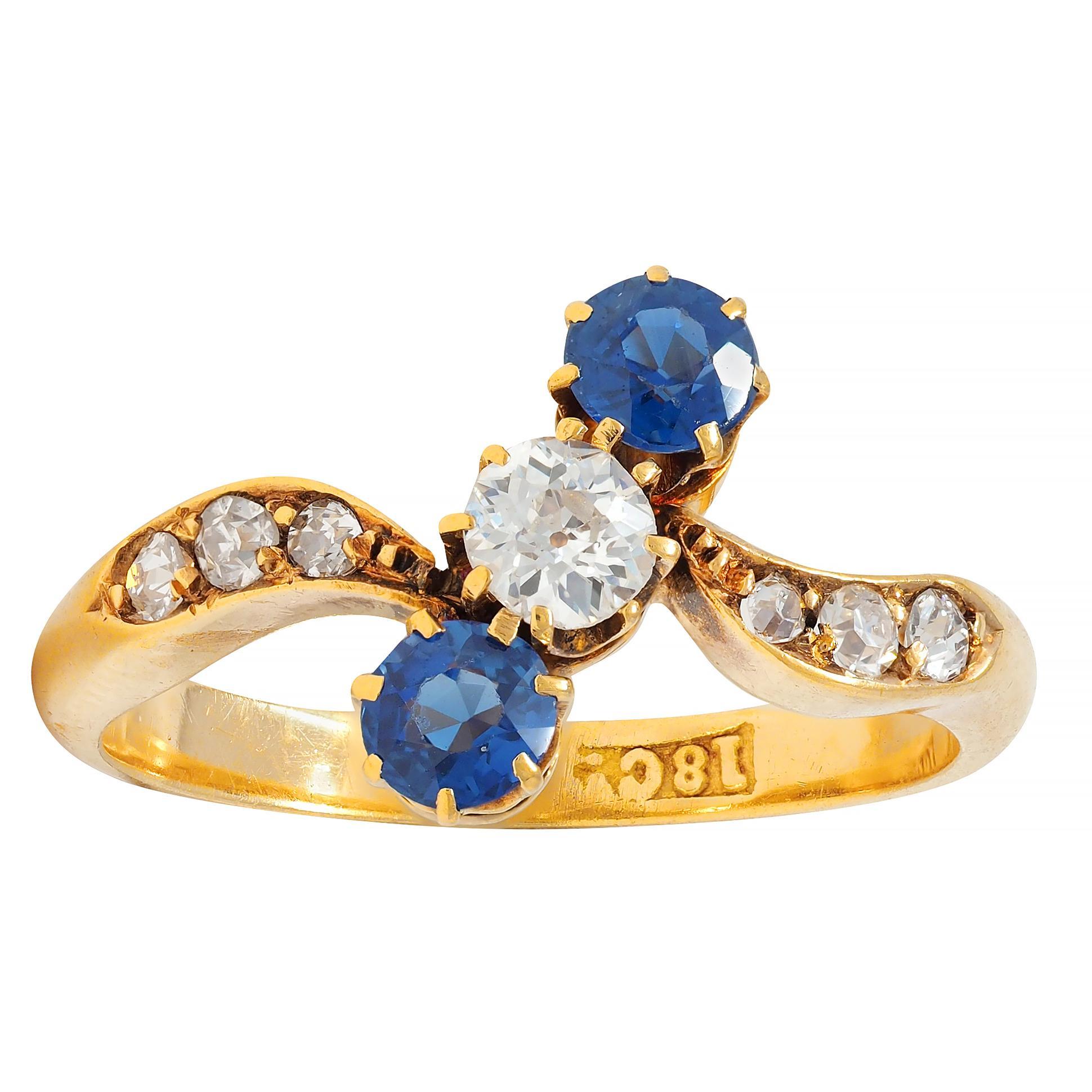 Victorian 0.68 CTW Sapphire Diamond 18 Karat Yellow Gold Antique Bypass Ring 4