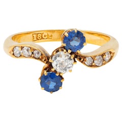 Victorian 0.68 CTW Sapphire Diamond 18 Karat Yellow Gold Antique Bypass Ring