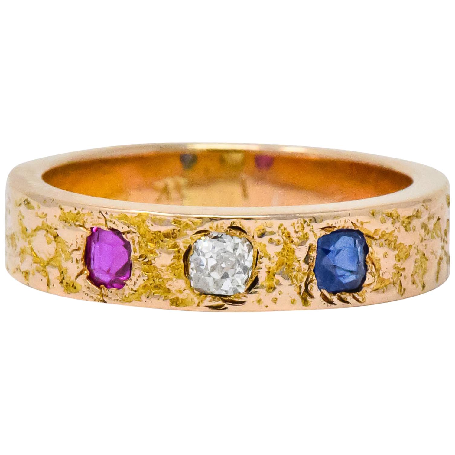 Victorian 0.70 Carat Diamond Sapphire Ruby 14 Karat Rose Gold Band Ring