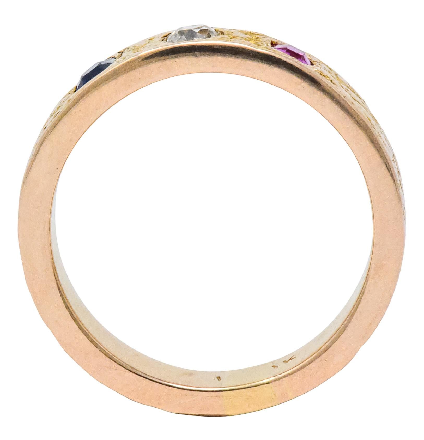 Victorian 0.70 Carat Diamond Sapphire Ruby 14 Karat Rose Gold Band Ring 2