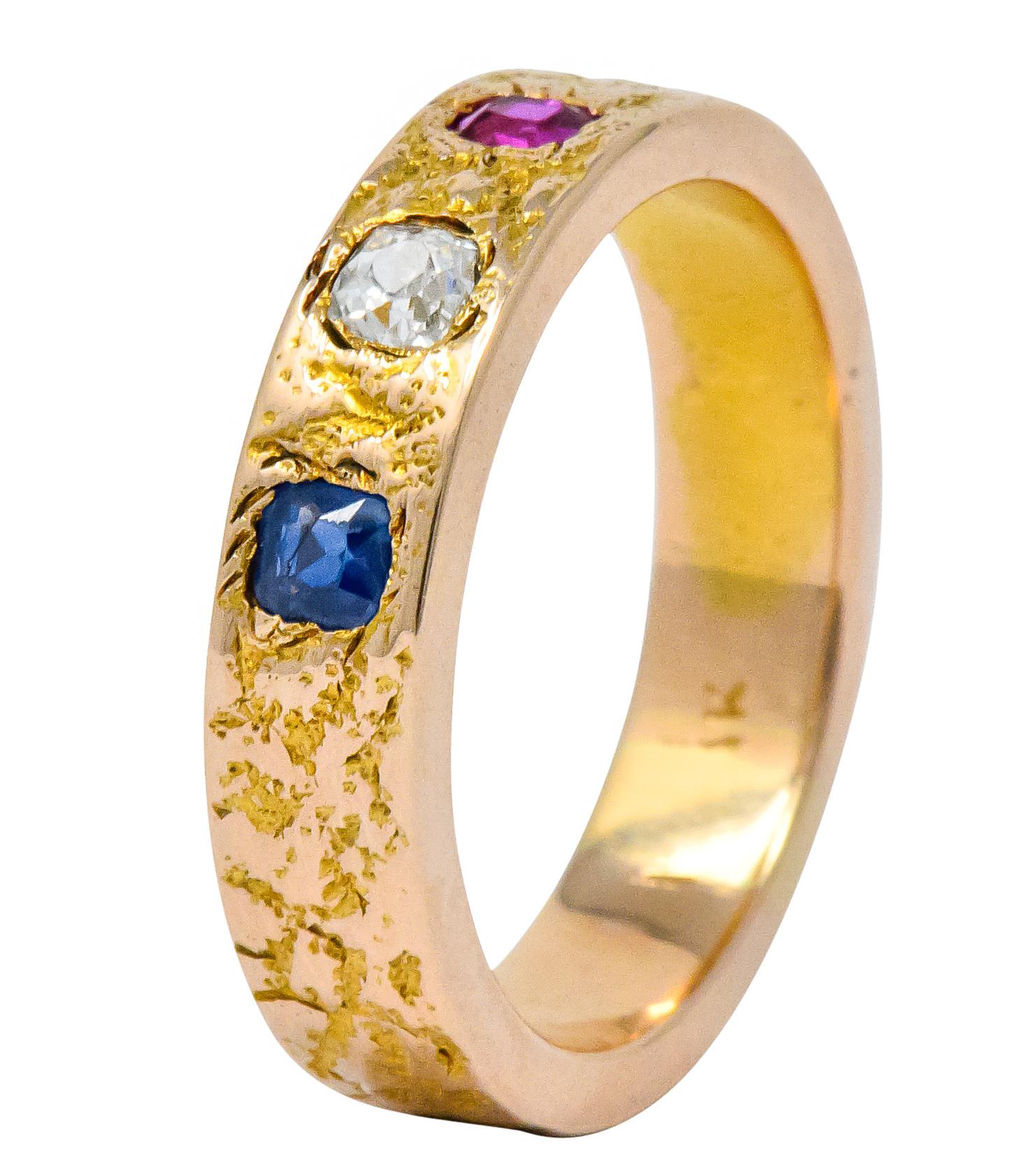Victorian 0.70 Carat Diamond Sapphire Ruby 14 Karat Rose Gold Band Ring 3