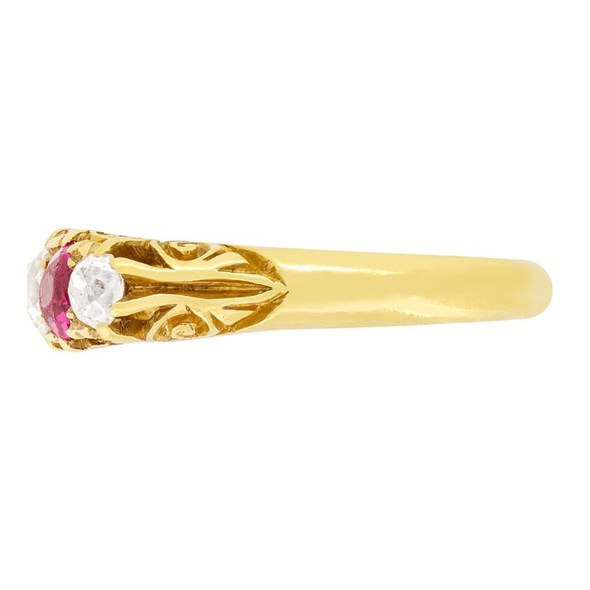 Old Mine Cut Victorian 0.70ct Diamond and Pink Sapphire Five Stone Ring, c.1880s For Sale
