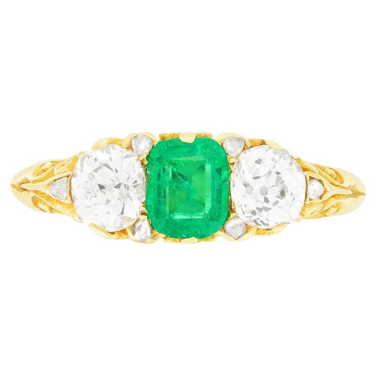 Victorian 0.70ct Emerald and Diamond Three Stone Ring, c.1880s